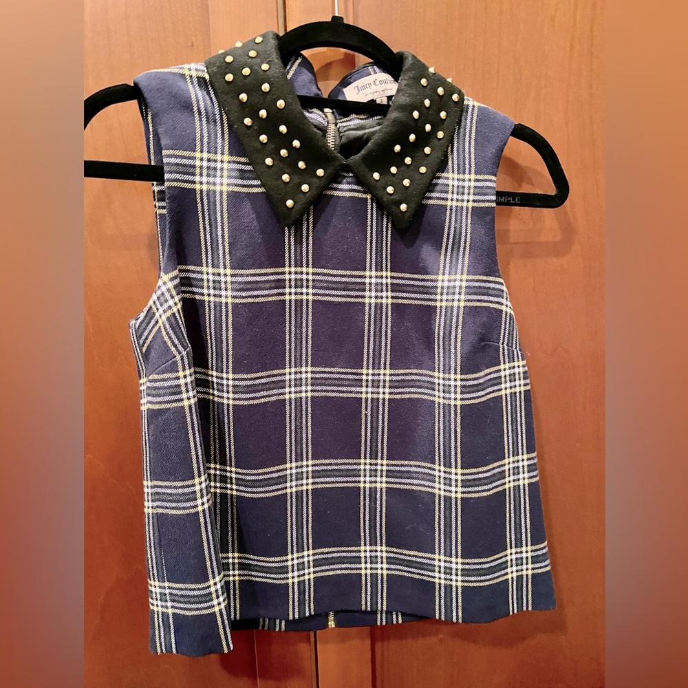 Juicy Couture Size 2 Plaid Wool Blend top w black satin/ rhinestone collar.